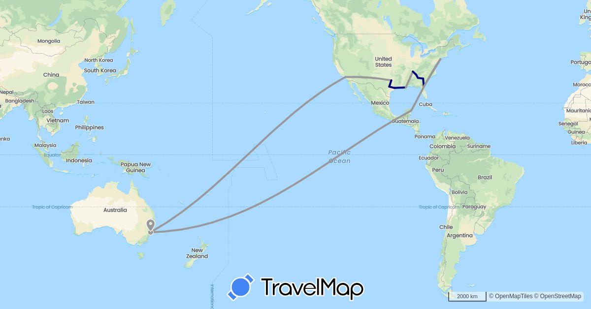 TravelMap itinerary: driving, plane in Australia, Mexico, United States (North America, Oceania)